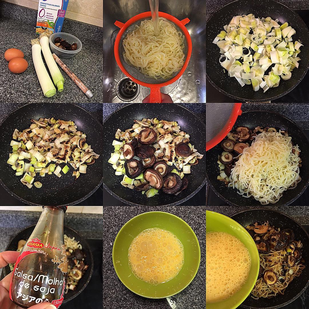 Espaguetis konjac con setas y puerro Espaguetis konjac con setas y puerro
