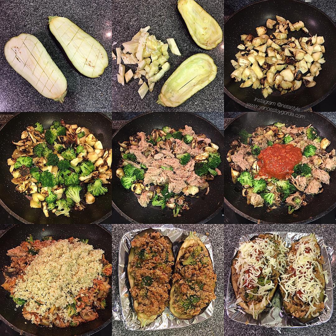 BERENJENAS RELLENAS DE QUINOA Y ATÚN Berenjenas rellenas de quinoa, brócoli y atún