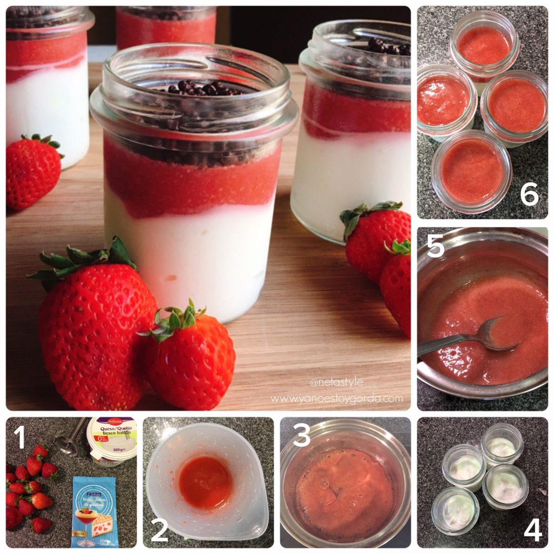 MOUSSE DE QUESO Y FRESAS SALUDABLE Mousse de queso fresco con fresas y bolitas de chocolate