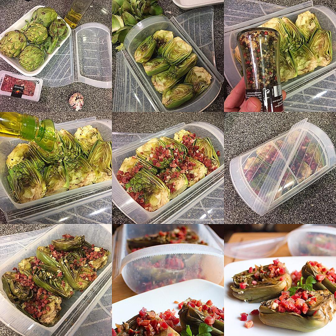 Alcachofas con ajito y jamón al microondas
