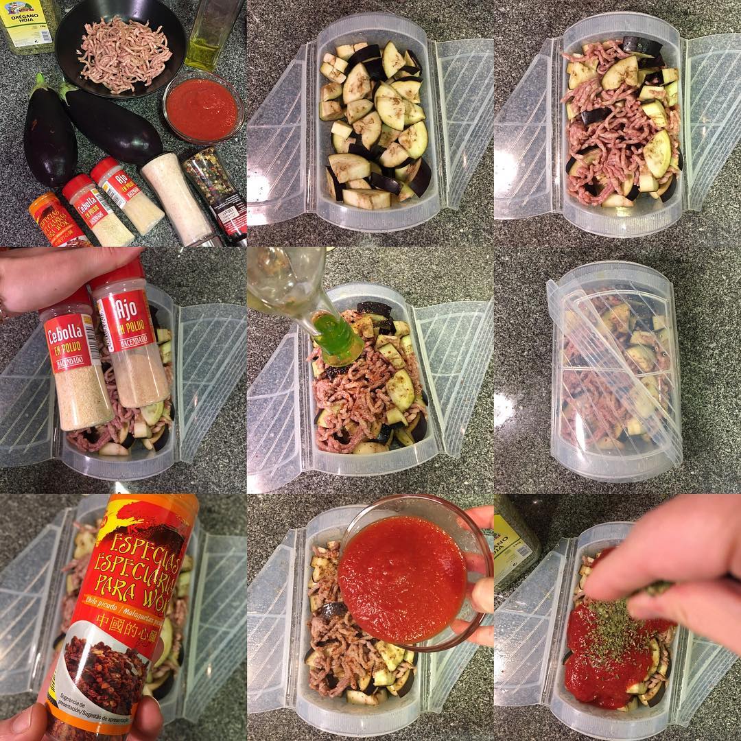 Boloñesa de pollo y berenjena al microondas Boloñesa de pollo y berenjena al microondas