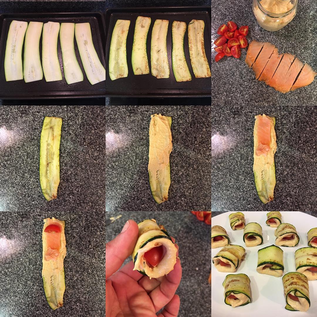 Calabacín con hummus y salmón Rollitos de calabacín rellenos de hummus de pimiento asado y salmón ahumado