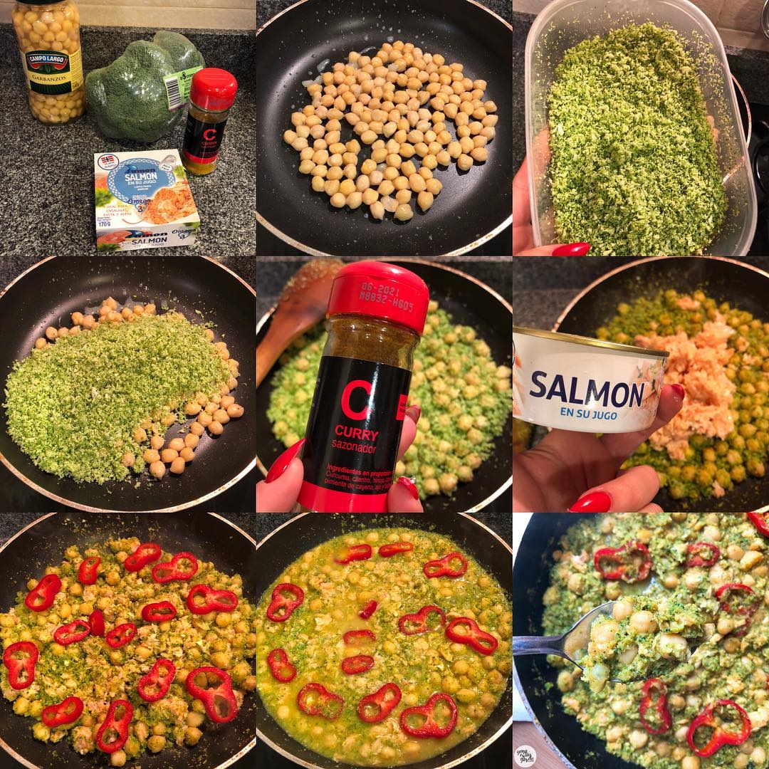 Garbanzos con brócoli y salmón al curry Garbanzos cocidos con brócoli y salmón al curry