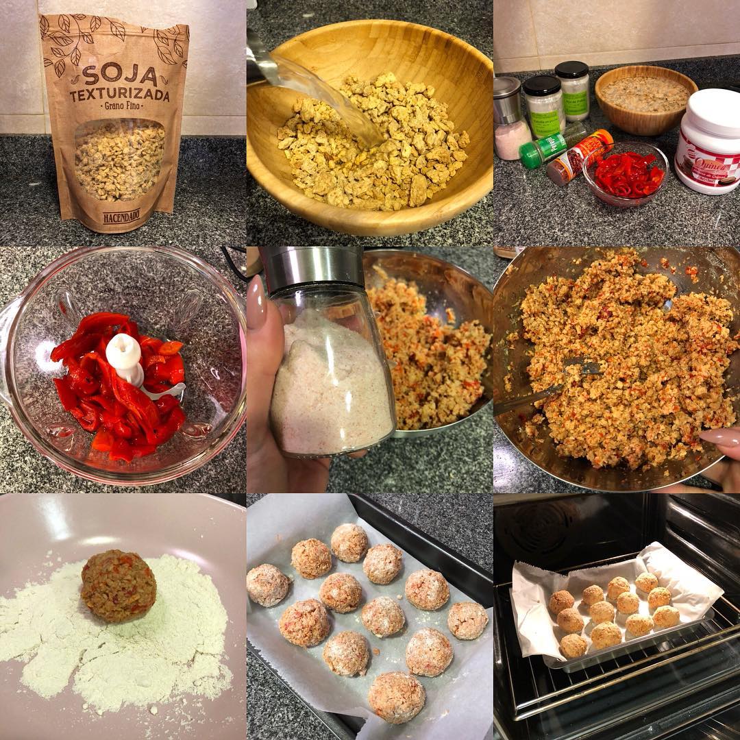 Bolitas de soja texturizada y pimientos rojos al horno Bolitas de soja texturizada y pimientos rojos al horno