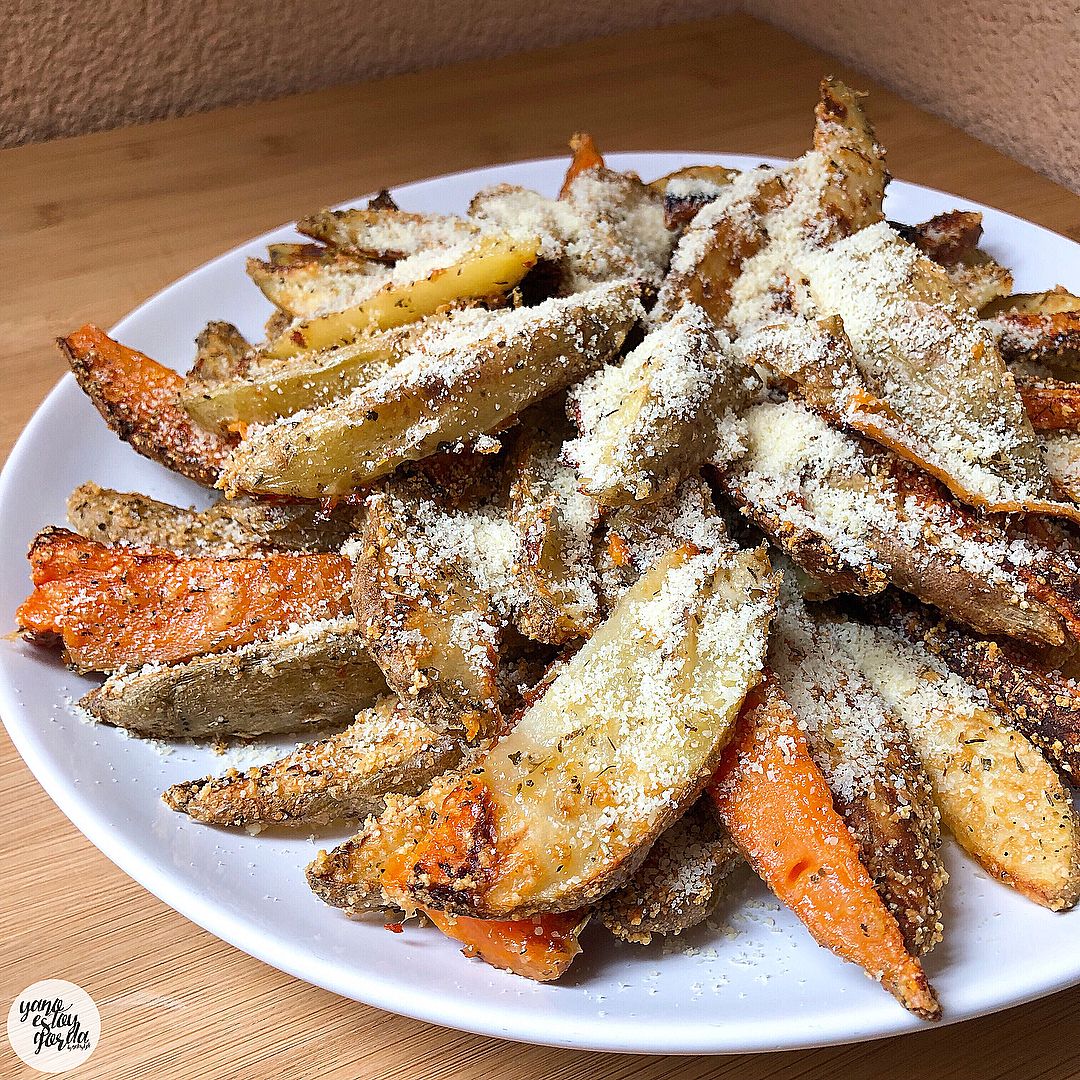 Patatas y boniato al horno con queso