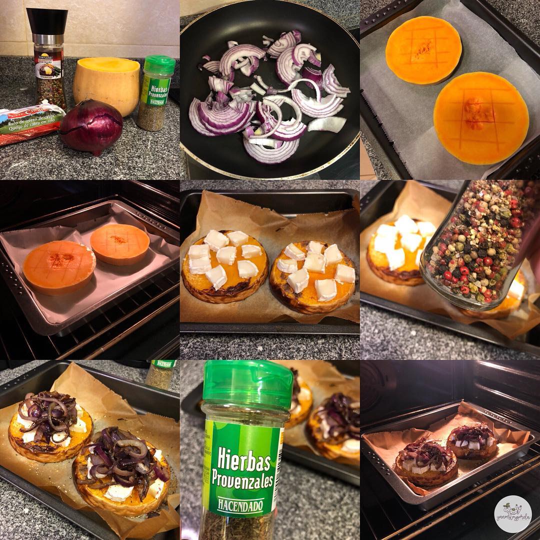 Calabaza asada con queso de cabra y cebolla morada Calabaza asada con queso de cabra y cebolla morada