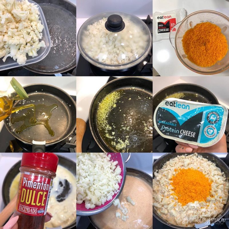 Cortamos la coliflor en trocitos pequeños. 2. Cocemos durante 5min. 3. Pasado el tiempo colamos y escurrimos bien. 4. En una sartén ponemos un chorrito de aceite y los ajitos bien picados. 5. Cuando los ajitos estén apunto de dorarse añadimos el queso untable junto a un chorrito de bebida vegetal. 6. Cuando el queso untable esté fundido abadimos una cucharadita de pimentón y una pizca de sal. 7 Meclamos bien. 8. Añadimos la coliflor cocida. 9. Por último añadimos el falso cheddar y integramos bien los ingredientes. 10. Cocinamos a fuego lento un par de minutos. 11. ¡Listo! Ya tenemos nuestra Coliflor “a lo Mac&Cheese”