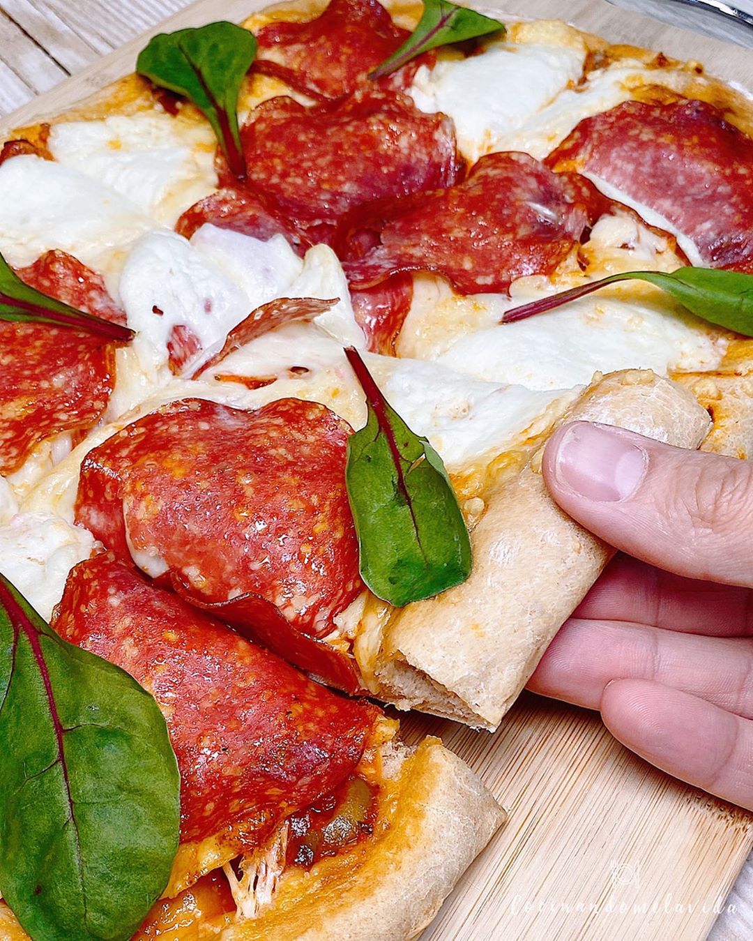PIZZA DE ESPELTA CON SALAMI Y MOZZARELLA DE BÚFALA