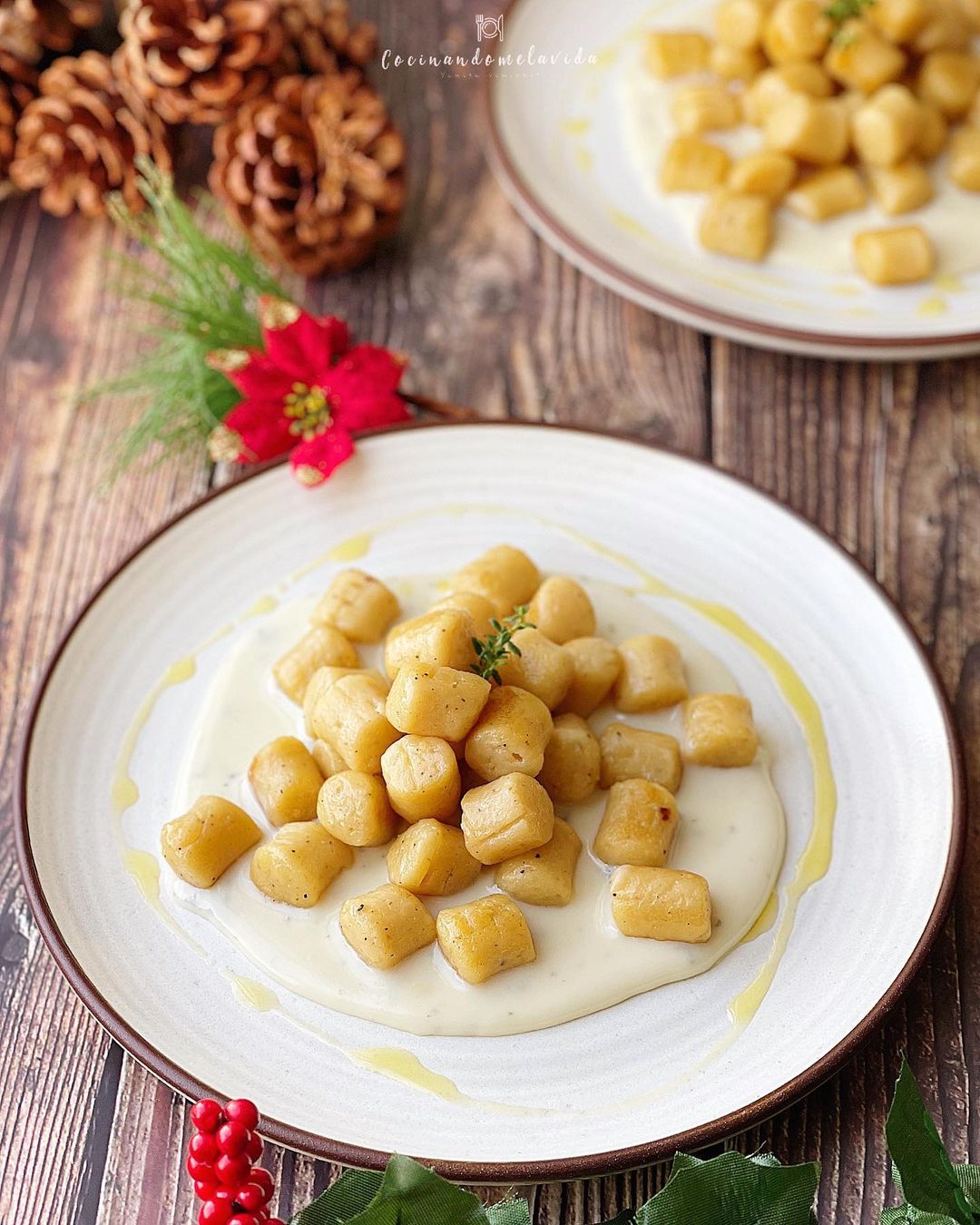 GNOCCHIS DE PATATA Y POLVO DE SETAS CON CREMA DE GORGONZOLA